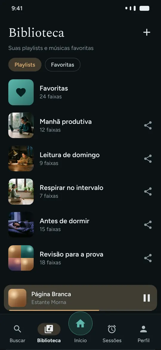 Biblioteca do MindFy com playlists como Manhã produtiva e Antes de dormir