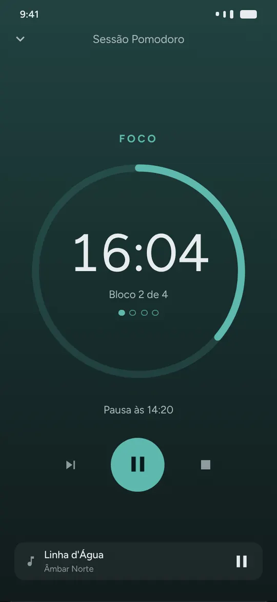 Tela do Pomodoro do MindFy com o relógio em 16:04, bloco 2 de 4