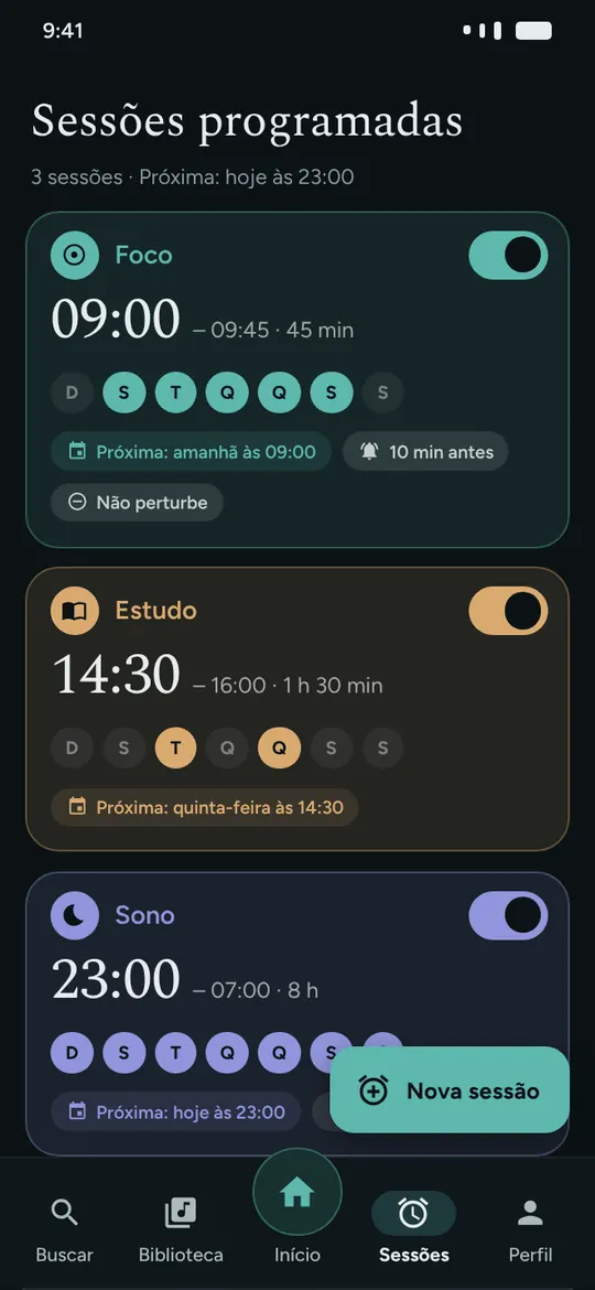 Lista de sessões programadas de Foco, Estudo e Sono com dias da semana