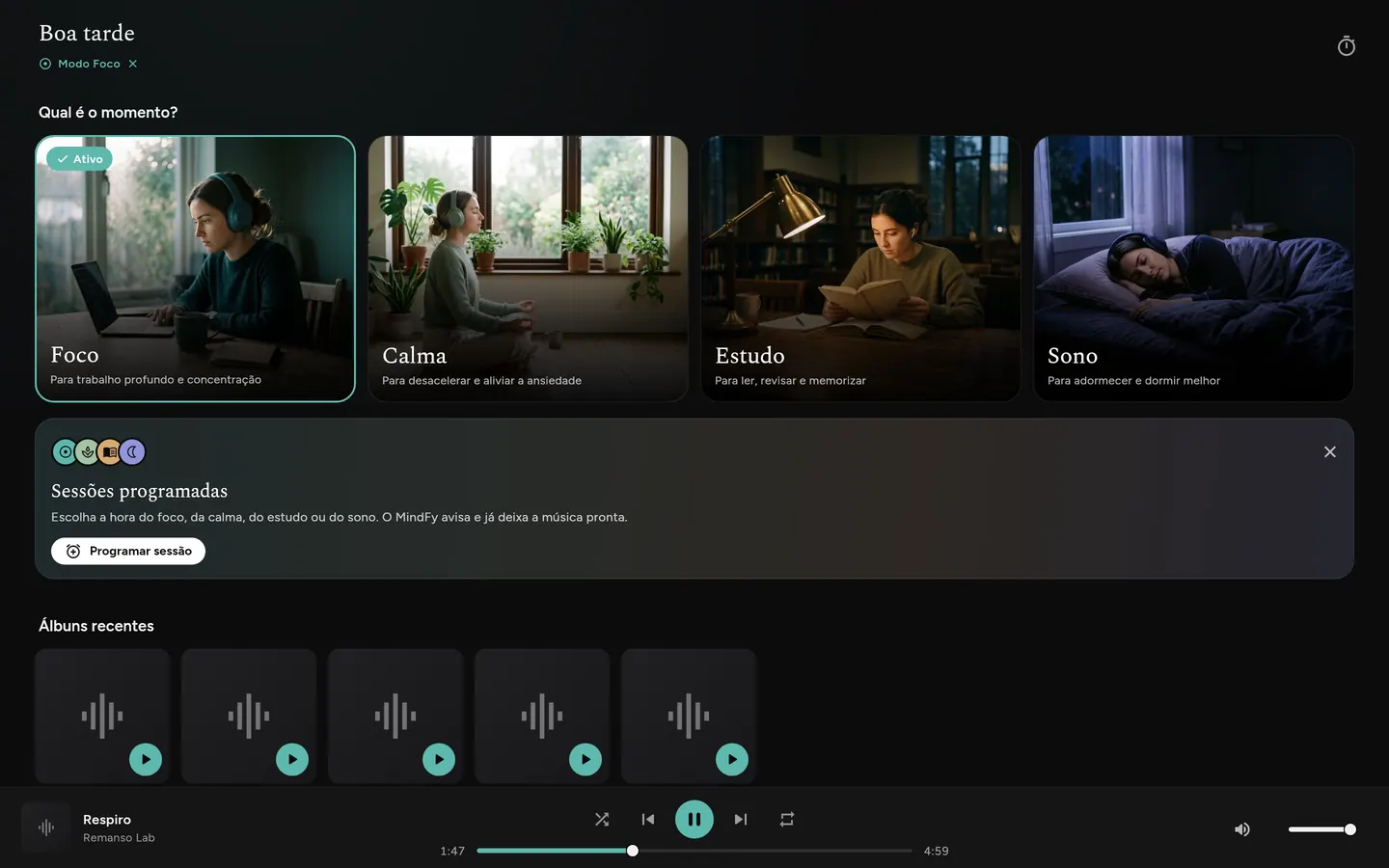 MindFy no navegador: cartões de Foco, Calma, Estudo e Sono, sessões programadas e a barra do player
